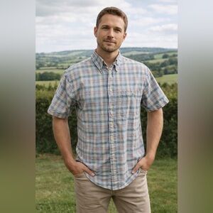 Pendleton Oceanside Short Sleeve Shirt 100% Cotton Plaid Lavender Blue Beige